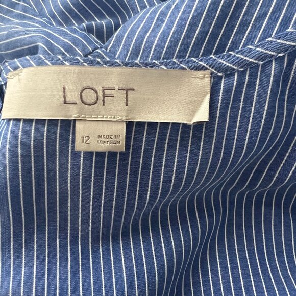 Loft Blue White Stripe Back Zip Side Vents Front Tie Tunic Top Size 12 - Picture 3 of 9
